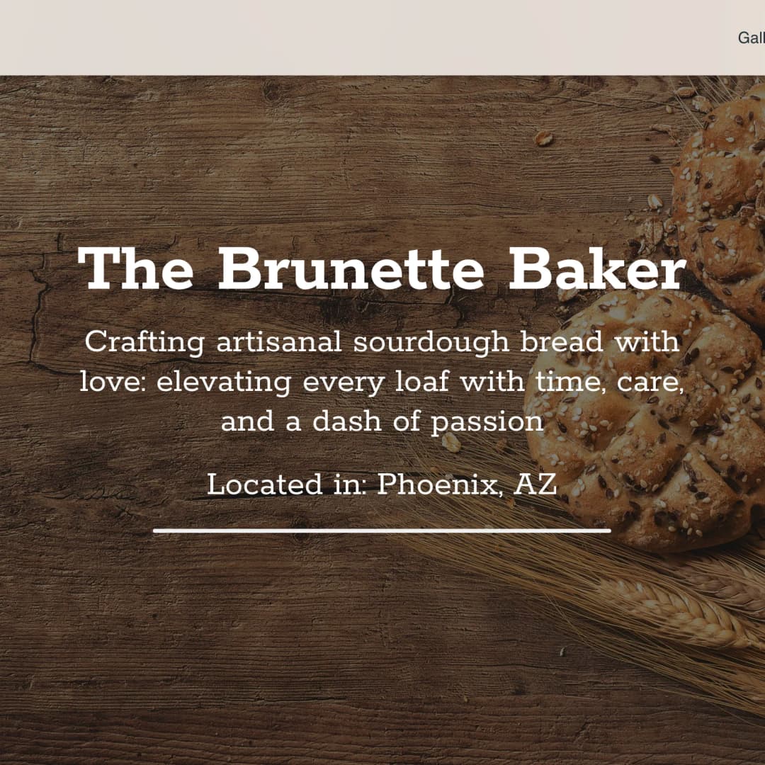 The Brunette Baker landing page with text and images